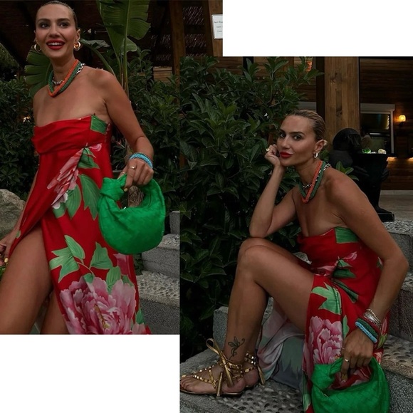 Zara red tropical floral flower strapless maxi dress front slit Sz S NWT - Picture 5 of 16